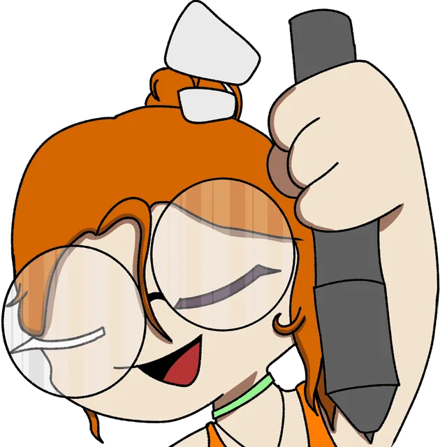 An orange-haired character with round glasses, laughing, holding a pen