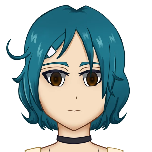 Portrait of Mary's teal-haired character