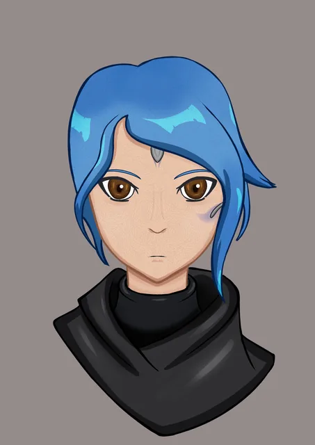 A blue-haired character in a black scarf
