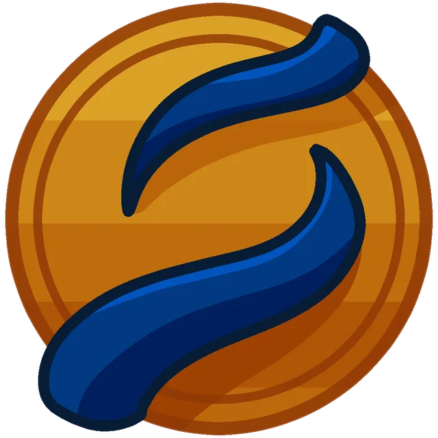 A round orange badge with a blue swirl