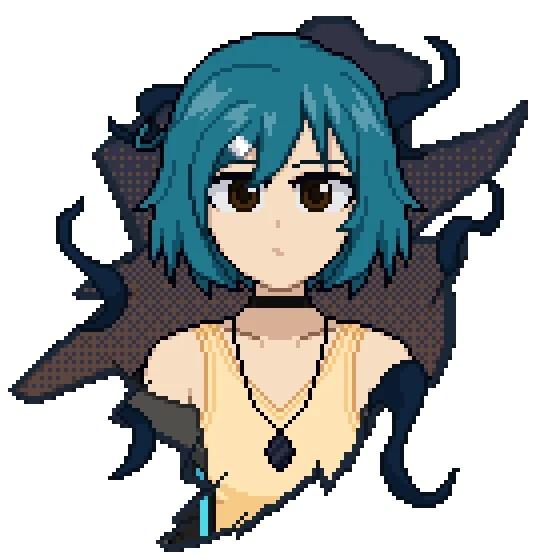 Mary's Vtuber avatar: teal hair, a yellow top and dark tentacles behind her